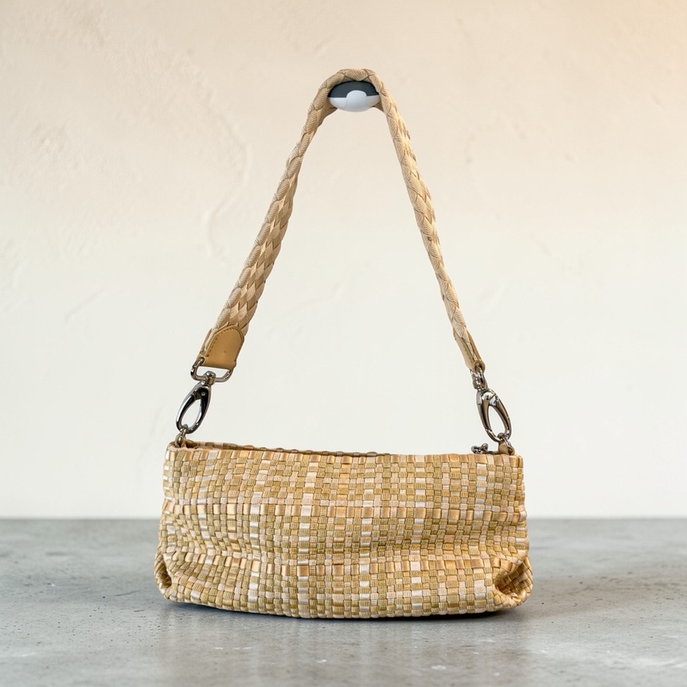The Sak Woven Ribbon Baguette Shoulder Bag Beige Gold Braided Strap - Picture 2 of 5